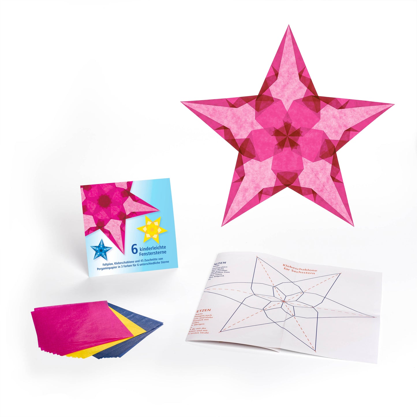 6 kinderleichte FENSTERSTERNE (Tiefblau, Hellgelb, Magenta)