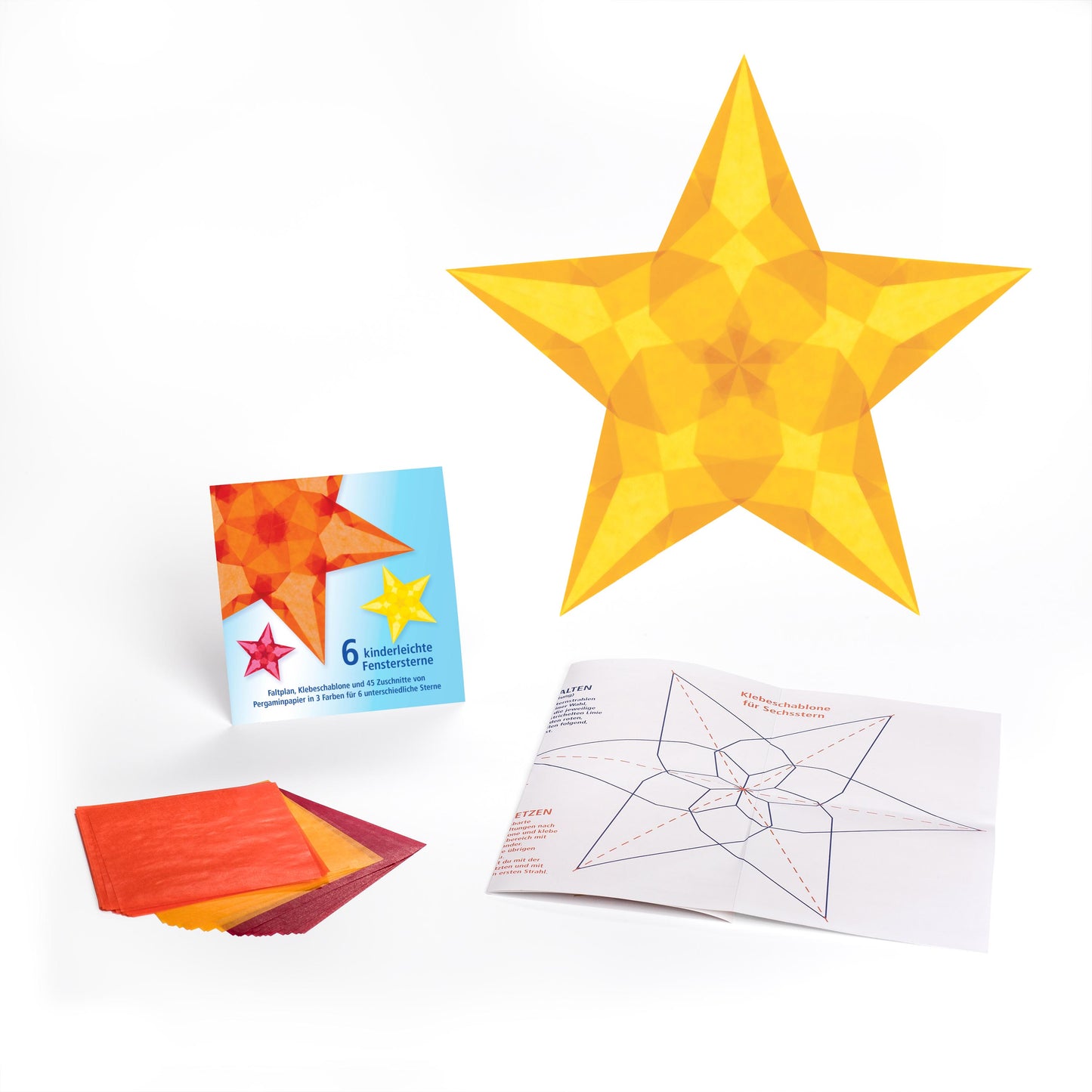 6 kinderleichte FENSTERSTERNE (Karminrot, Sonnengelb, Orange)